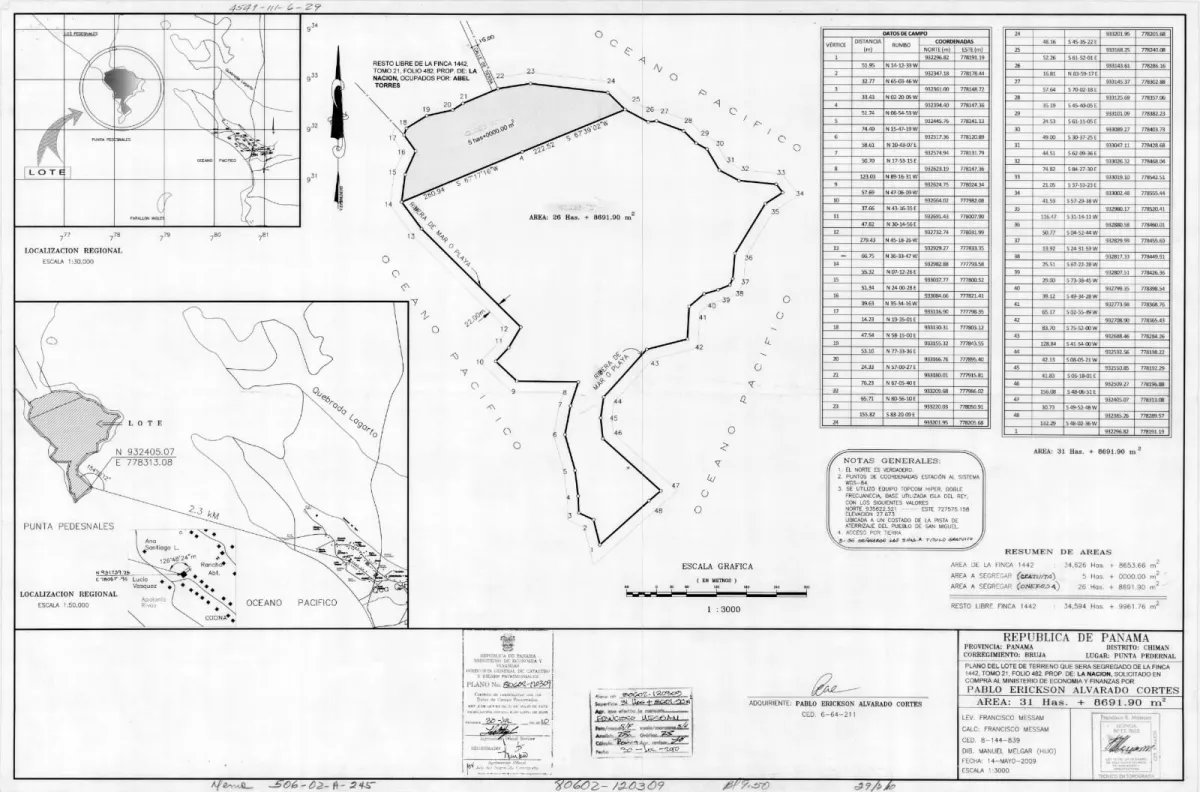 OCEAN FRONT PROPERTY FOR SALE, IN THE DISTRICT OF CHIMAN, REGION OF GONZALO VASQUEZ, IN PUNTA PEDERNALES; 11.5 HECTARES (28.417 ACRES)