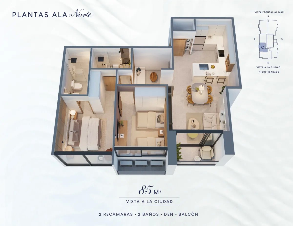 Costanera Aqua T200 |Ala Nort, 85.5 m² a 90.7 m², 2 Rec + Den, Vista C...
